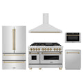 ZLINE 5-Piece Appliance Package - 48-Inch Legacy Autograph Dual Fuel Range, Wall Mount Range Hood, 36-Inch French Door Refrigerator, Dishwasher, and 24-Inch Microwave Drawer in Stainless Steel with Champagne Bronze Accents