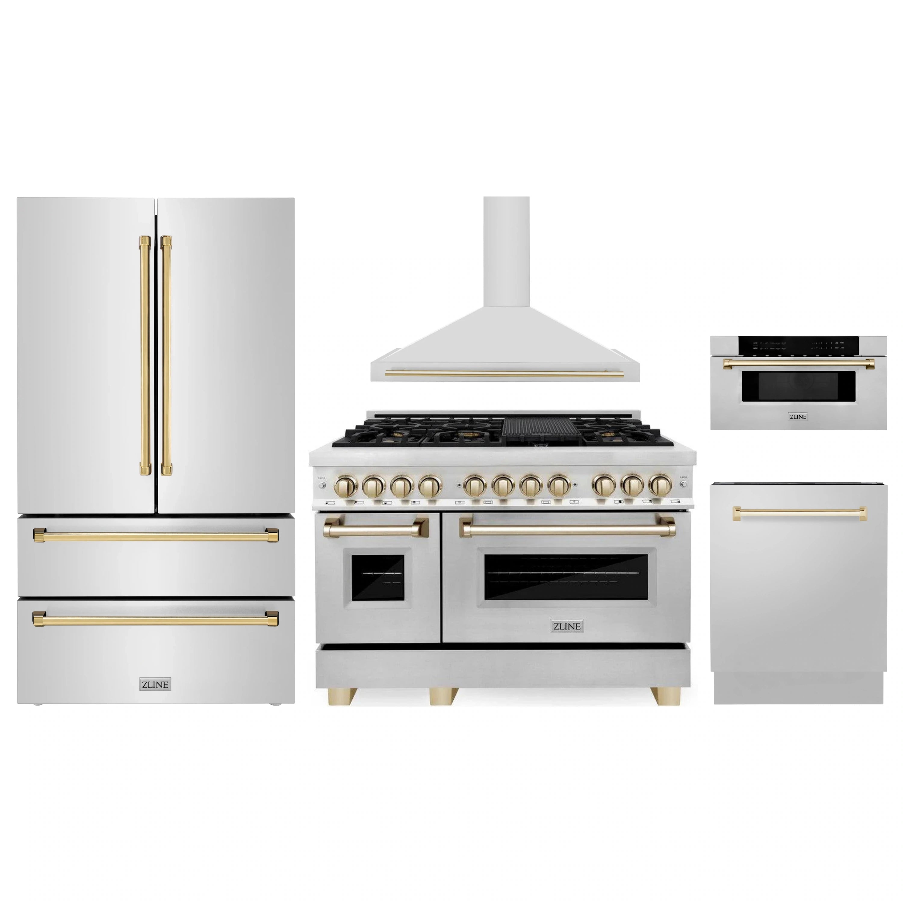 Stainless steel appliance set with gold accents: range, hood, refrigerator, microwave