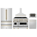 ZLINE 5-Piece Appliance Package - 48-Inch Legacy Autograph Dual Fuel Range, Wall Mount Range Hood, 36-Inch French Door Refrigerator, Dishwasher, and 30-Inch Microwave Drawer in Stainless Steel with Gold Accents