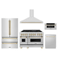 ZLINE 5-Piece Appliance Package - 48-Inch Legacy Autograph Dual Fuel Range, Wall Mount Range Hood, 36-Inch French Door Refrigerator, Dishwasher, and 30-Inch Microwave Drawer in Stainless Steel with Gold Accents