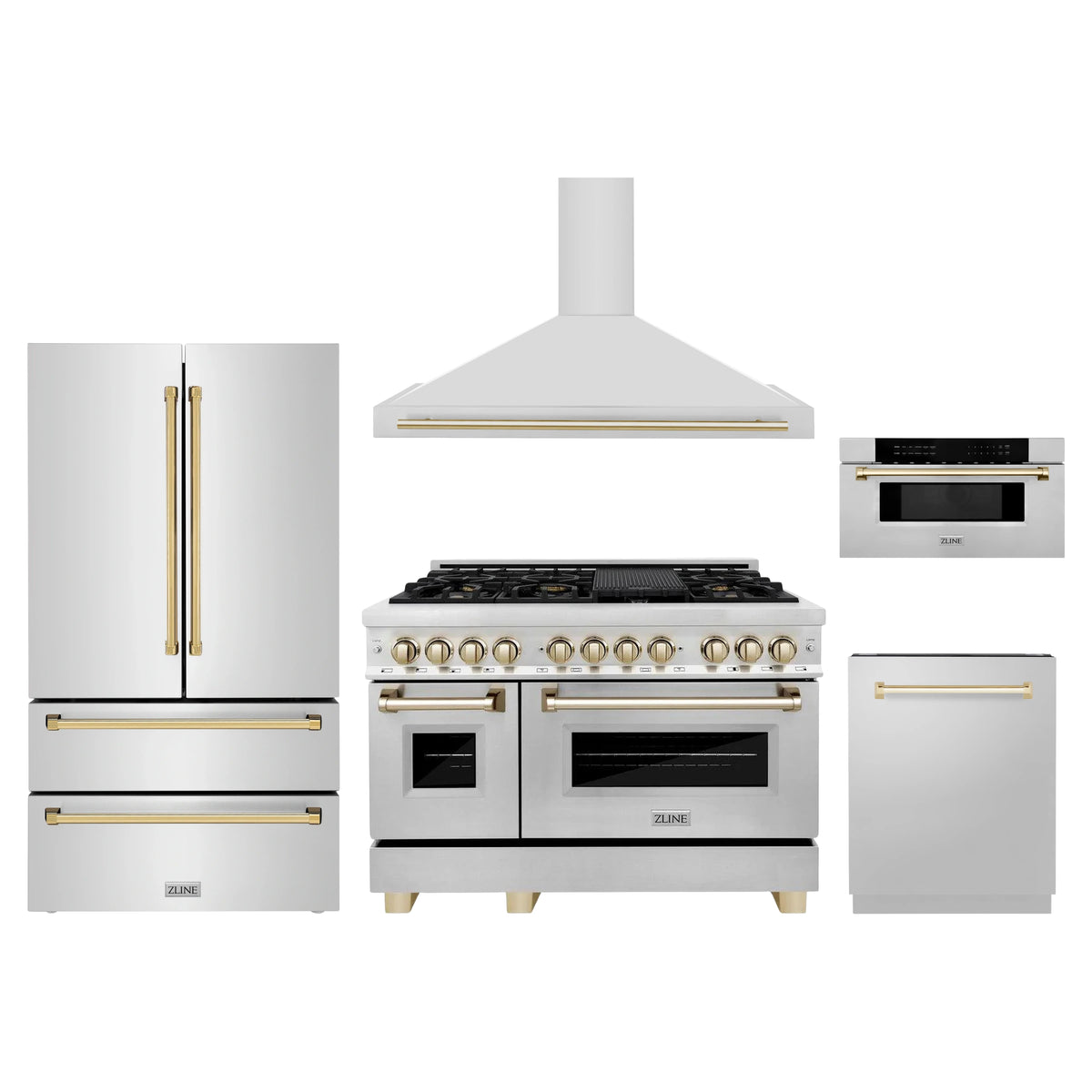 ZLINE 5-Piece Appliance Package - 48-Inch Legacy Autograph Dual Fuel Range, Wall Mount Range Hood, 36-Inch French Door Refrigerator, Dishwasher, and 30-Inch Microwave Drawer in Stainless Steel with Gold Accents