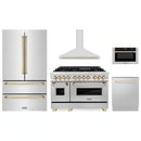 ZLINE 5-Piece Appliance Package - 48-Inch Legacy Autograph Dual Fuel Range, Wall Mount Range Hood, 36-Inch French Door Refrigerator, Dishwasher, and 30-Inch Microwave Drawer in Stainless Steel with Gold Accents