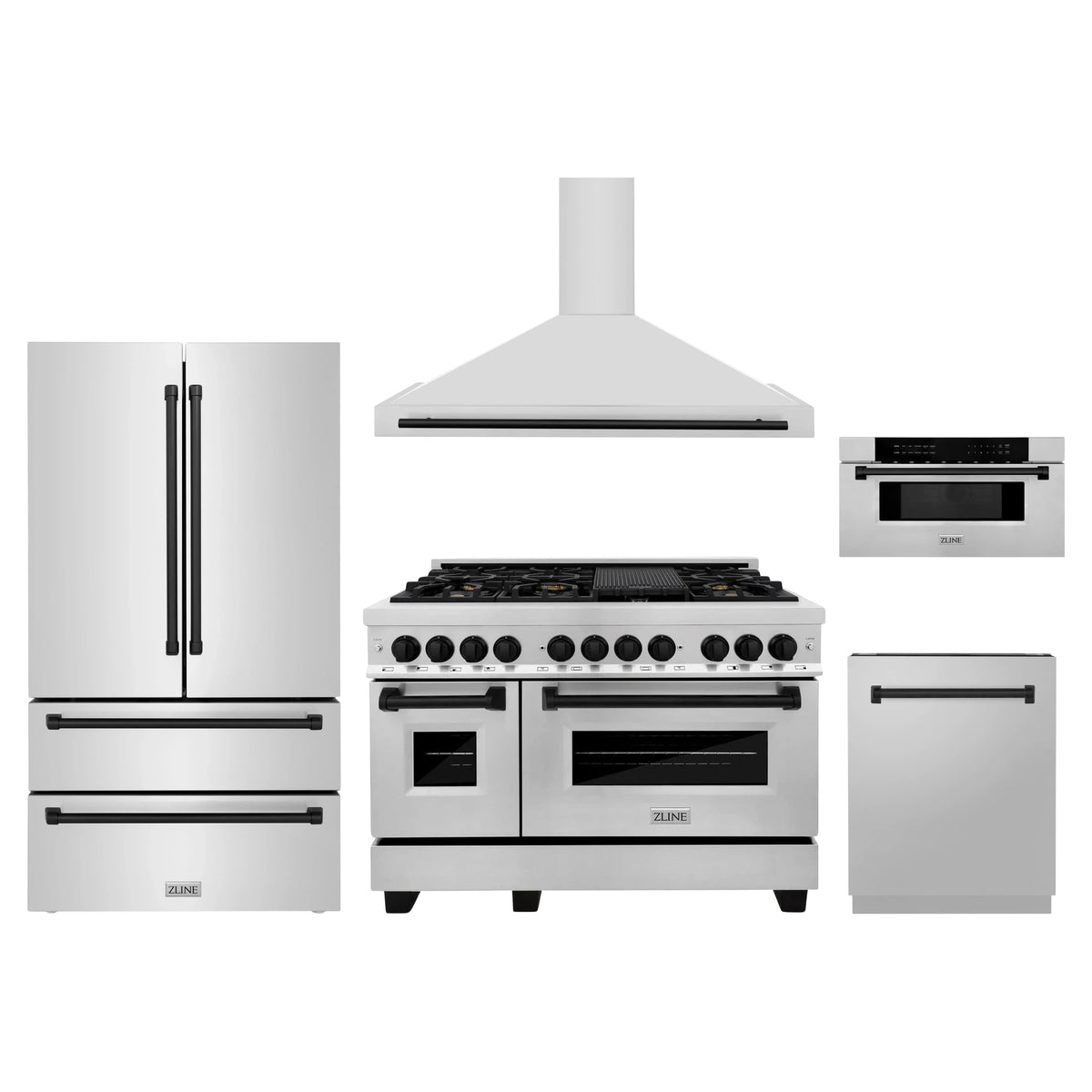 ZLINE 5-Piece Appliance Package - 48-Inch Legacy Autograph Dual Fuel Range, Wall Mount Range Hood, 36-Inch French Door Refrigerator, Dishwasher, and 30-Inch Microwave Drawer in Stainless Steel with Matte Black Accents