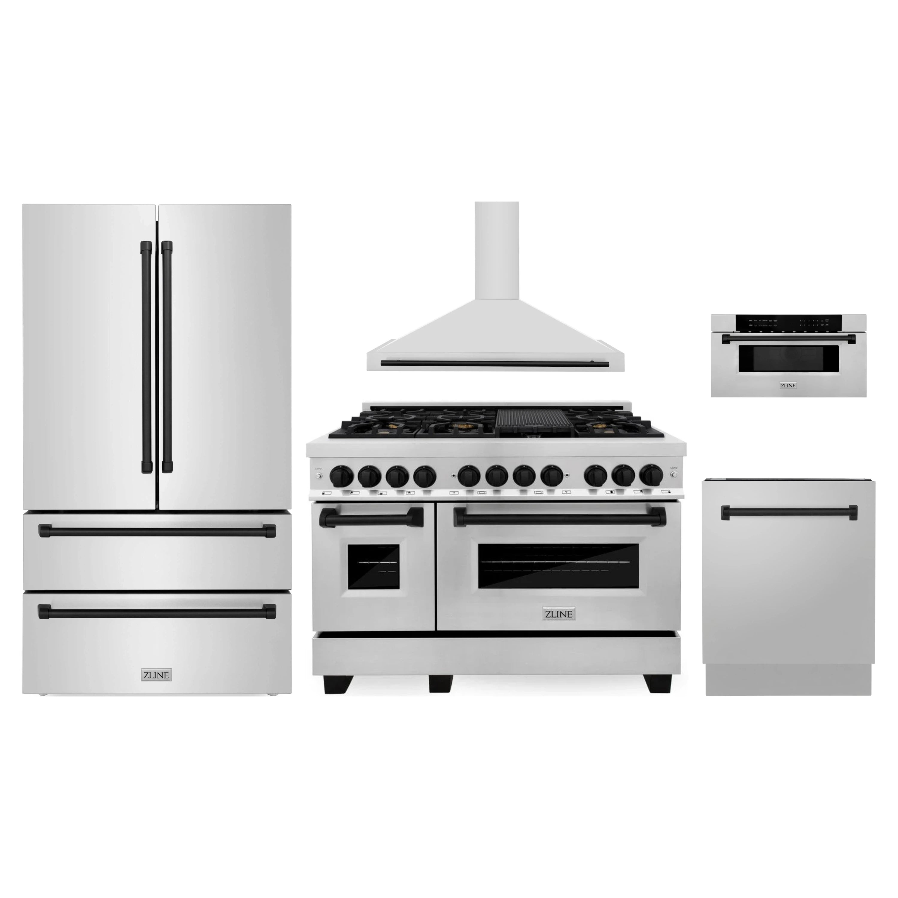 Stainless steel 5-piece appliance set with matte black accents