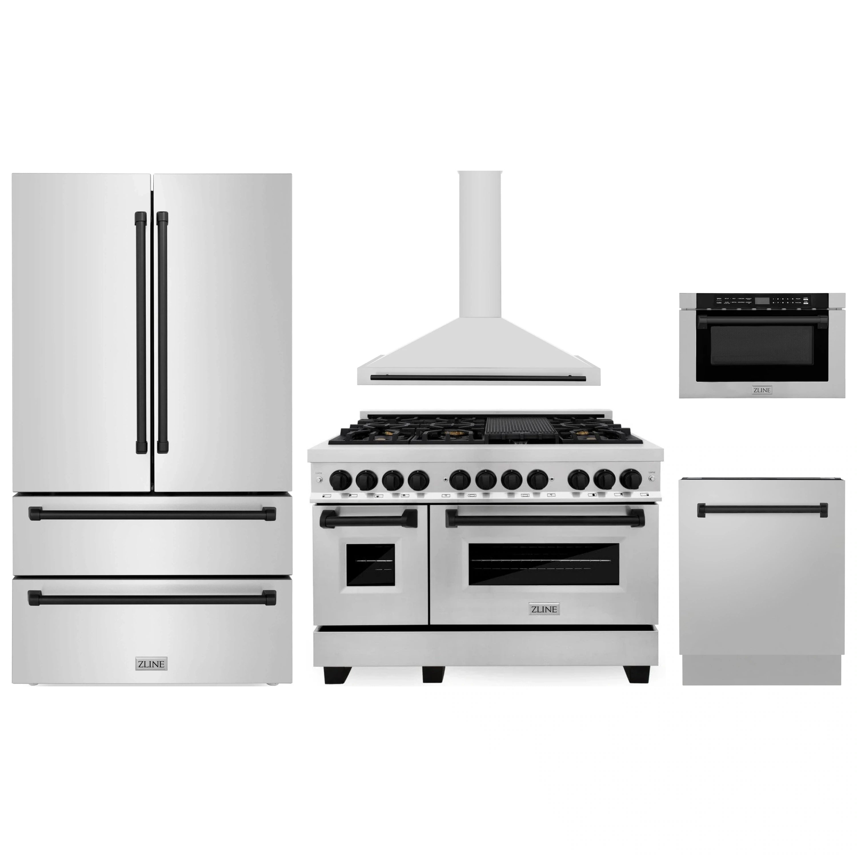Stainless steel appliance package with refrigerator, range with hood, dishwasher and microwave