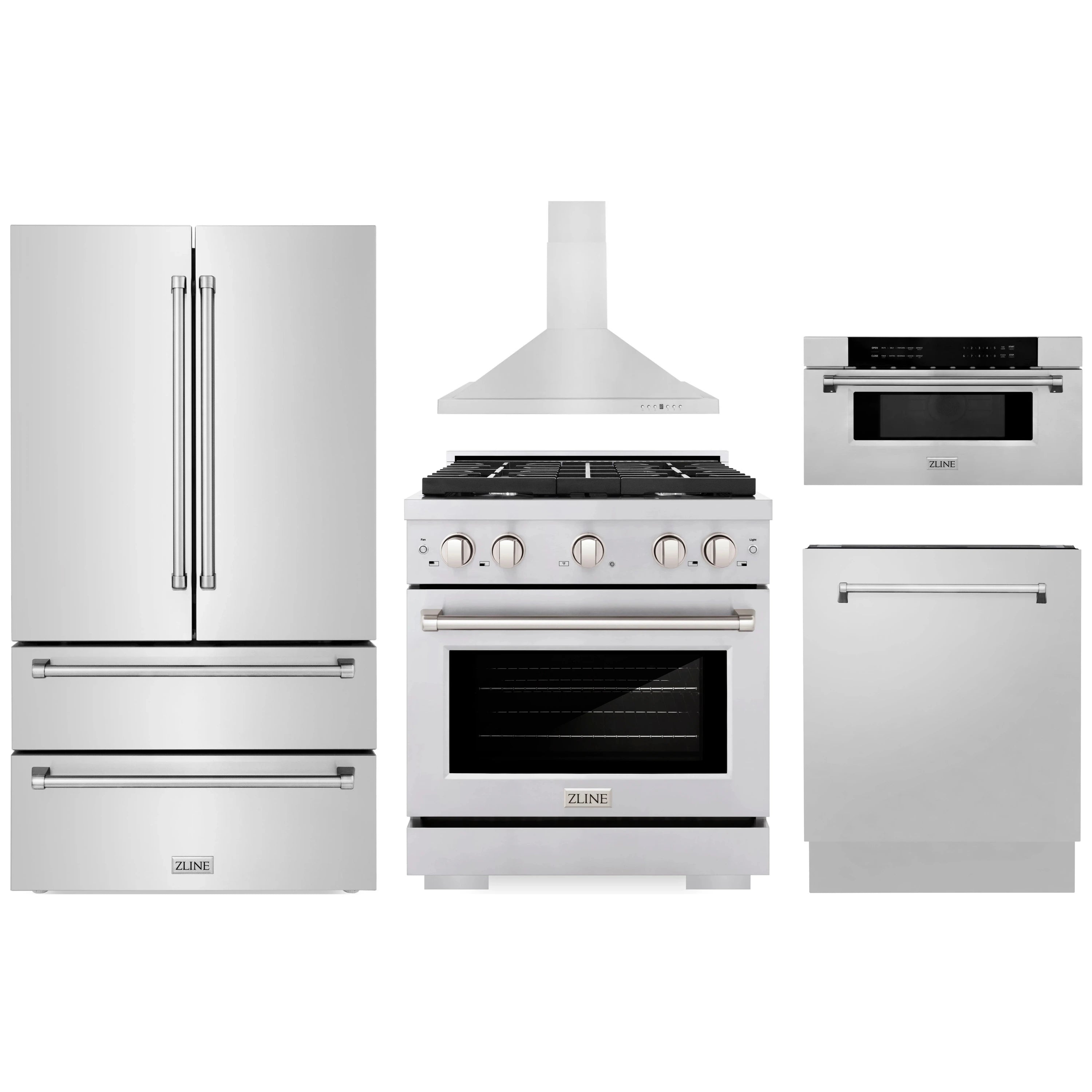Stainless steel appliance set: French-door refrigerator, range, hood, and dishwasher