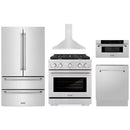 ZLINE 5-Piece Appliance Package - 30-Inch Paramount Dual Fuel Range, Wall Mount Range Hood, 36-Inch French Door Refrigerator, Dishwasher, and 30-Inch Microwave Drawer in Stainless Steel