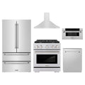 ZLINE 5-Piece Appliance Package - 30-Inch Paramount Dual Fuel Range, Wall Mount Range Hood, 36-Inch French Door Refrigerator, Dishwasher, and 30-Inch Microwave Drawer in Stainless Steel