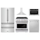 ZLINE 5-Piece Appliance Package - 30-Inch Paramount Dual Fuel Range, Wall Mount Range Hood, 36-Inch French Door Refrigerator, Dishwasher, and 30-Inch Microwave Drawer in Stainless Steel