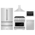 ZLINE 5-Piece Appliance Package - 30-Inch Paramount Dual Fuel Range, Wall Mount Range Hood, 36-Inch French Door Refrigerator, Dishwasher, and 24-Inch Microwave Drawer in Stainless Steel