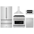 ZLINE 5-Piece Appliance Package - 36-Inch Paramount Dual Fuel Range, Wall Mount Range Hood, 36-Inch French Door Refrigerator, Dishwasher, and 30-Inch Microwave Drawer in Stainless Steel