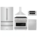 ZLINE 5-Piece Appliance Package - 36-Inch Paramount Dual Fuel Range, Wall Mount Range Hood, 36-Inch French Door Refrigerator, Dishwasher, and 30-Inch Microwave Drawer in Stainless Steel