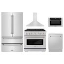 ZLINE 5-Piece Appliance Package - 36-Inch Paramount Dual Fuel Range, Wall Mount Range Hood, 36-Inch French Door Refrigerator, Dishwasher, and 30-Inch Microwave Drawer in Stainless Steel