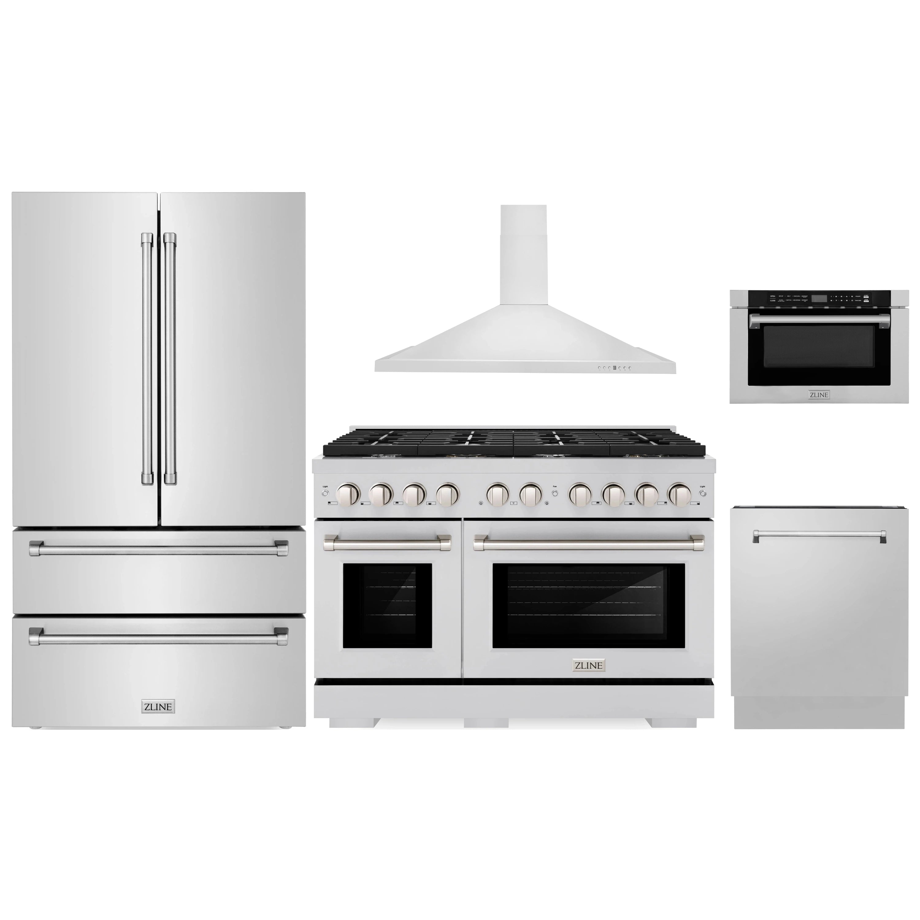 Stainless steel kitchen appliance set with range, hood, refrigerator, and microwave