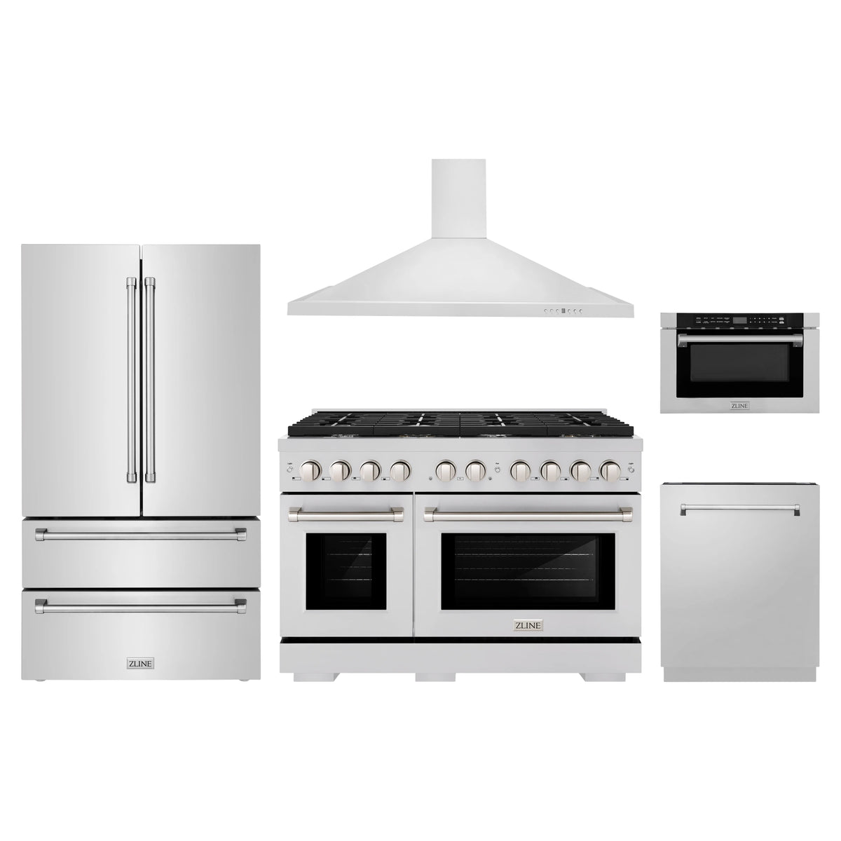ZLINE 5-Piece Appliance Package - 48-Inch Paramount Dual Fuel Range, Wall Mount Range Hood, 36-Inch French Door Refrigerator, Dishwasher, and 24-Inch Microwave Drawer in Stainless Steel
