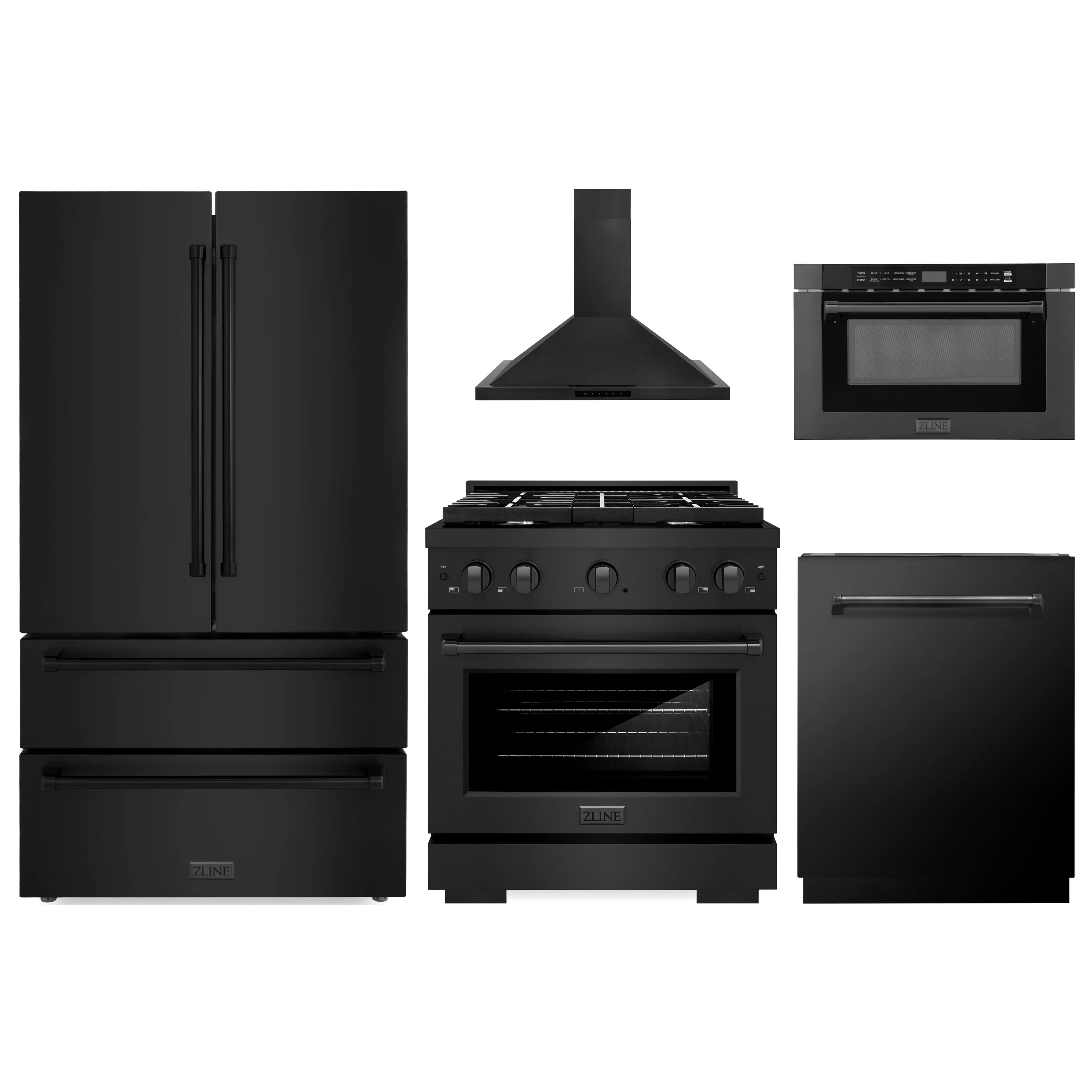 ZLINE 5-piece black stainless appliance package with refrigerator, range, hood, oven, microwave