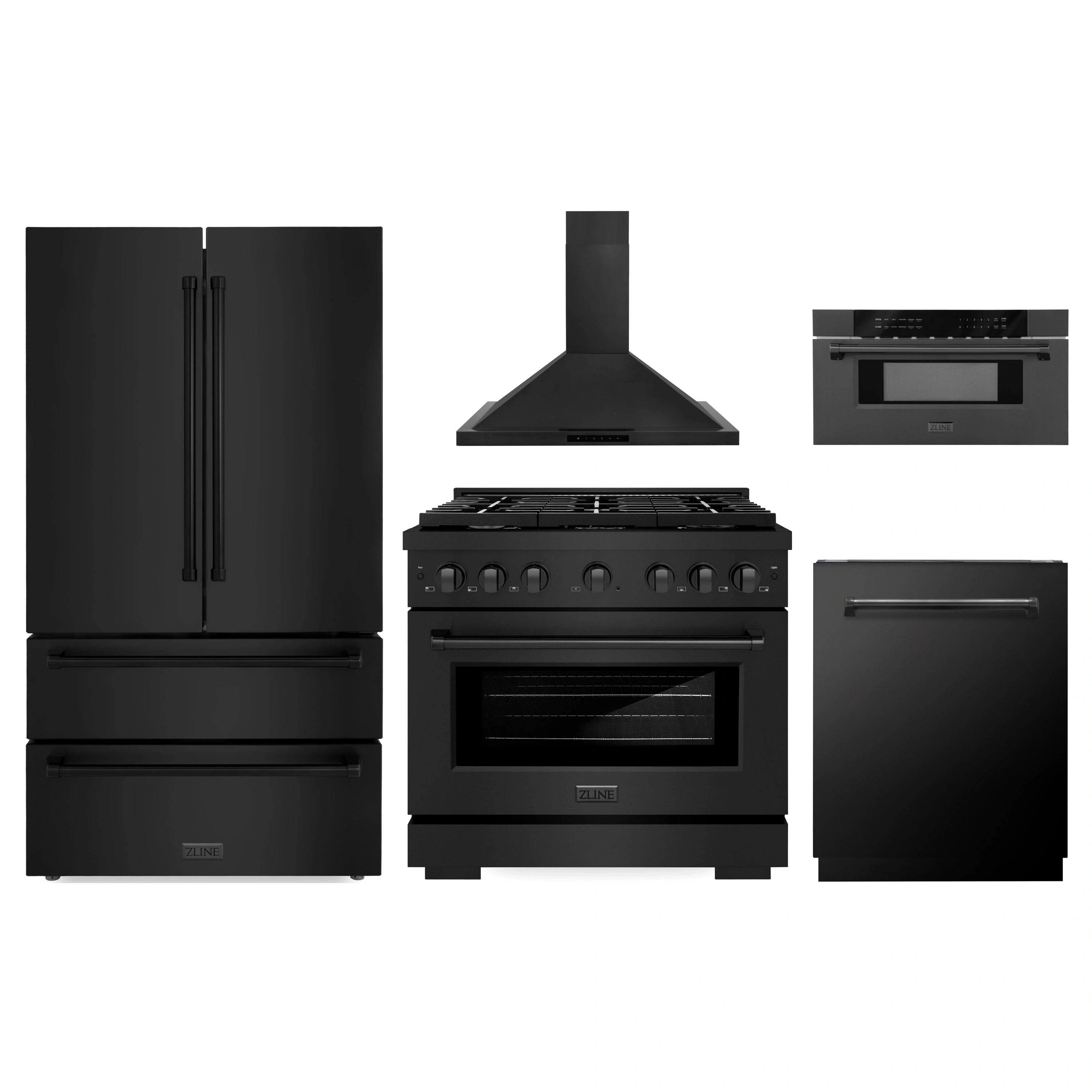 ZLINE black stainless appliance bundle: refrigerator, range, microwave drawer, dishwasher