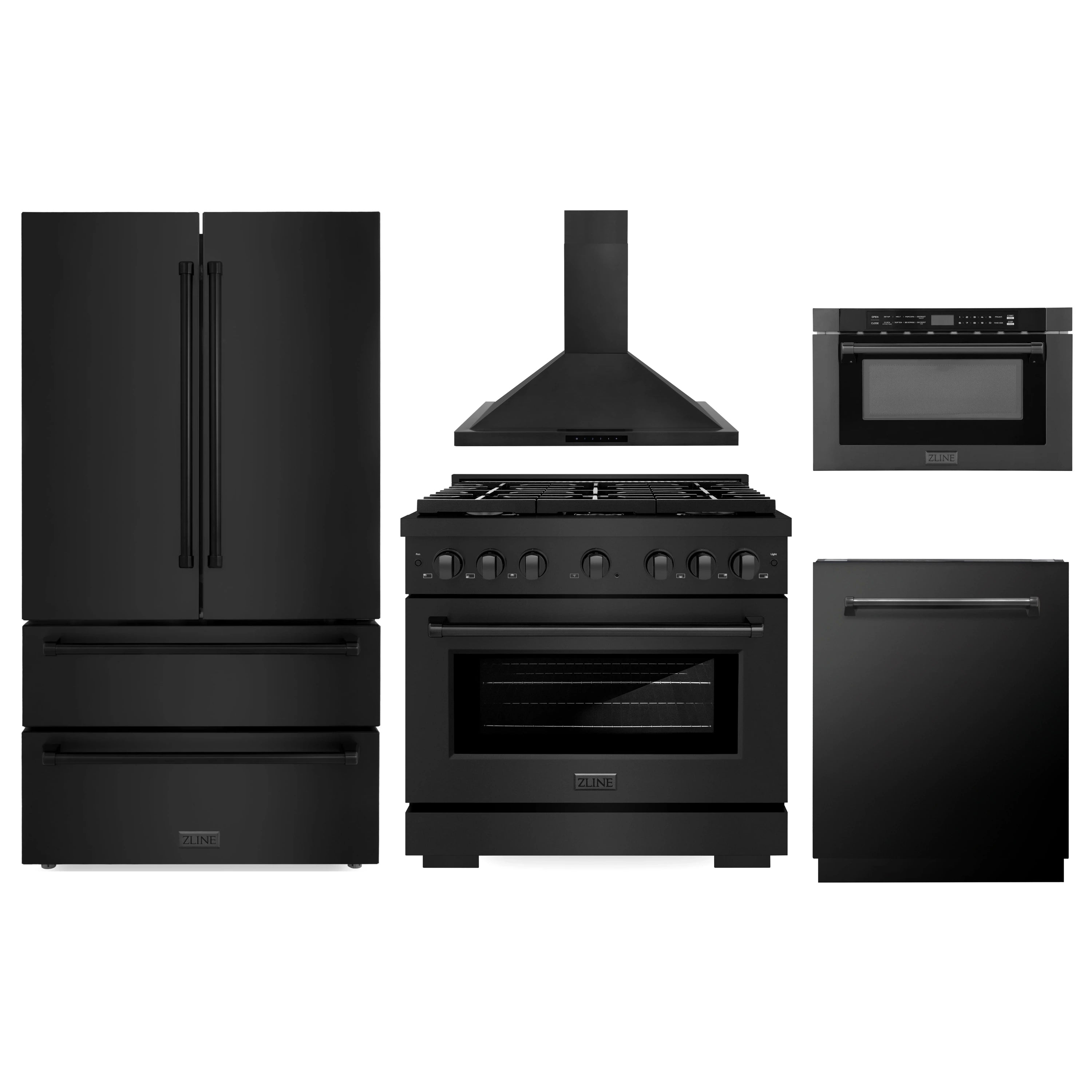Black stainless steel appliance set with refrigerator, range, hood, oven, and dishwasher