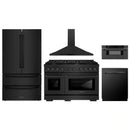 ZLINE 5-Piece Appliance Package - 48-Inch Paramount Dual Fuel Range, Wall Mount Range Hood, 36-Inch French Door Refrigerator, Dishwasher, and 30-Inch Microwave Drawer in Black Stainless Steel