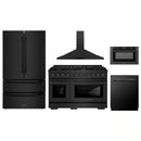 ZLINE 5-Piece Appliance Package - 48-Inch Paramount Dual Fuel Range, Wall Mount Range Hood, 36-Inch French Door Refrigerator, Dishwasher, and 30-Inch Microwave Drawer in Black Stainless Steel