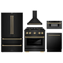 ZLINE 5-Piece Appliance Package - 30-Inch Paramount Dual Fuel Range, Wall Mount Range Hood, 36-Inch French Door Refrigerator, Dishwasher, and 30-Inch Microwave Drawer in Black Stainless Steel with Champagne Bronze Accents