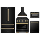 ZLINE 5-Piece Appliance Package - 30-Inch Paramount Dual Fuel Range, Wall Mount Range Hood, 36-Inch French Door Refrigerator, Dishwasher, and 30-Inch Microwave Drawer in Black Stainless Steel with Champagne Bronze Accents