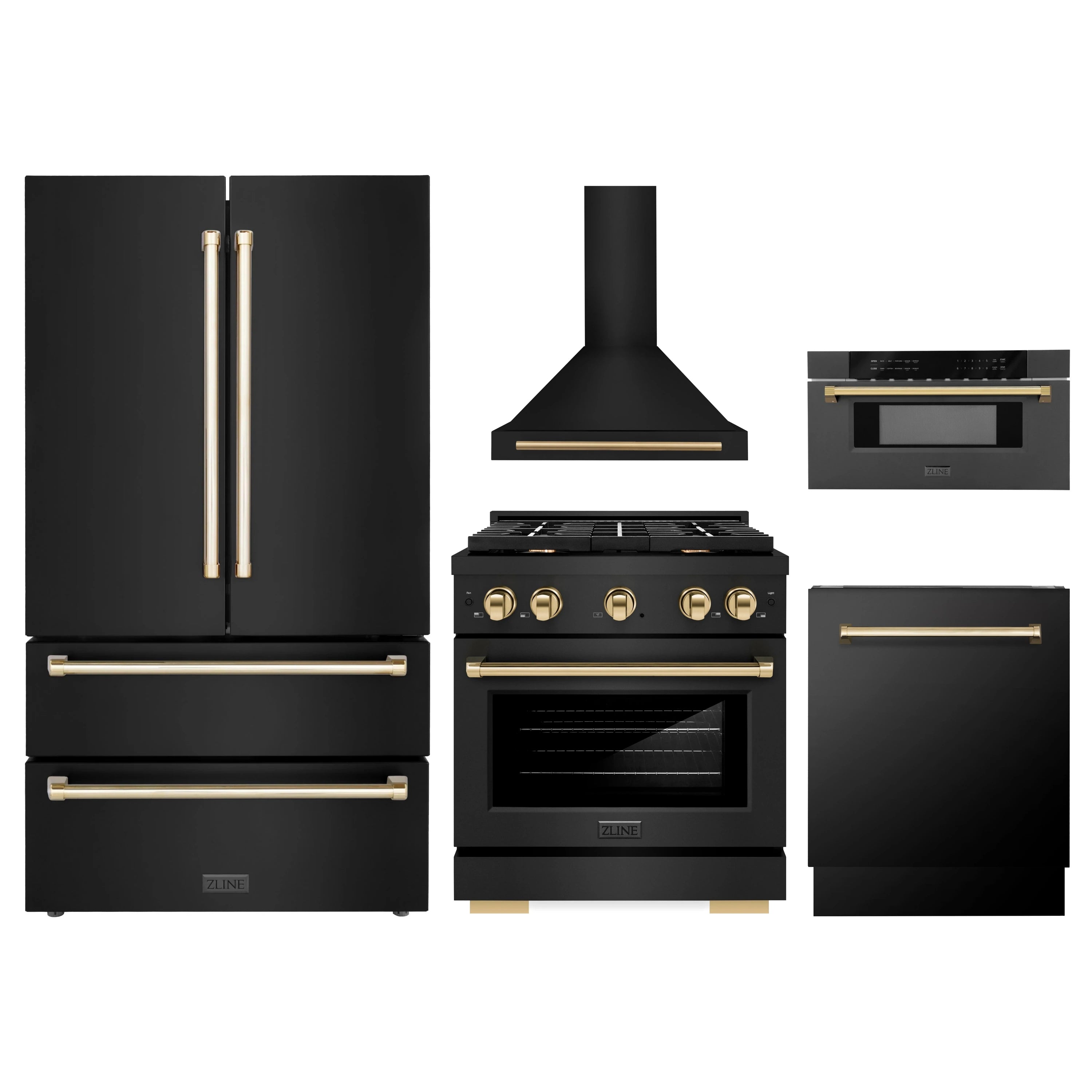 Set of black appliances with gold accents: refrigerator, range, range hood, and microwave.
