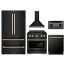 ZLINE 5-Piece Appliance Package - 30-Inch Paramount Dual Fuel Range, Wall Mount Range Hood, 36-Inch French Door Refrigerator, Dishwasher, and 30-Inch Microwave Drawer in Black Stainless Steel with Gold Accents