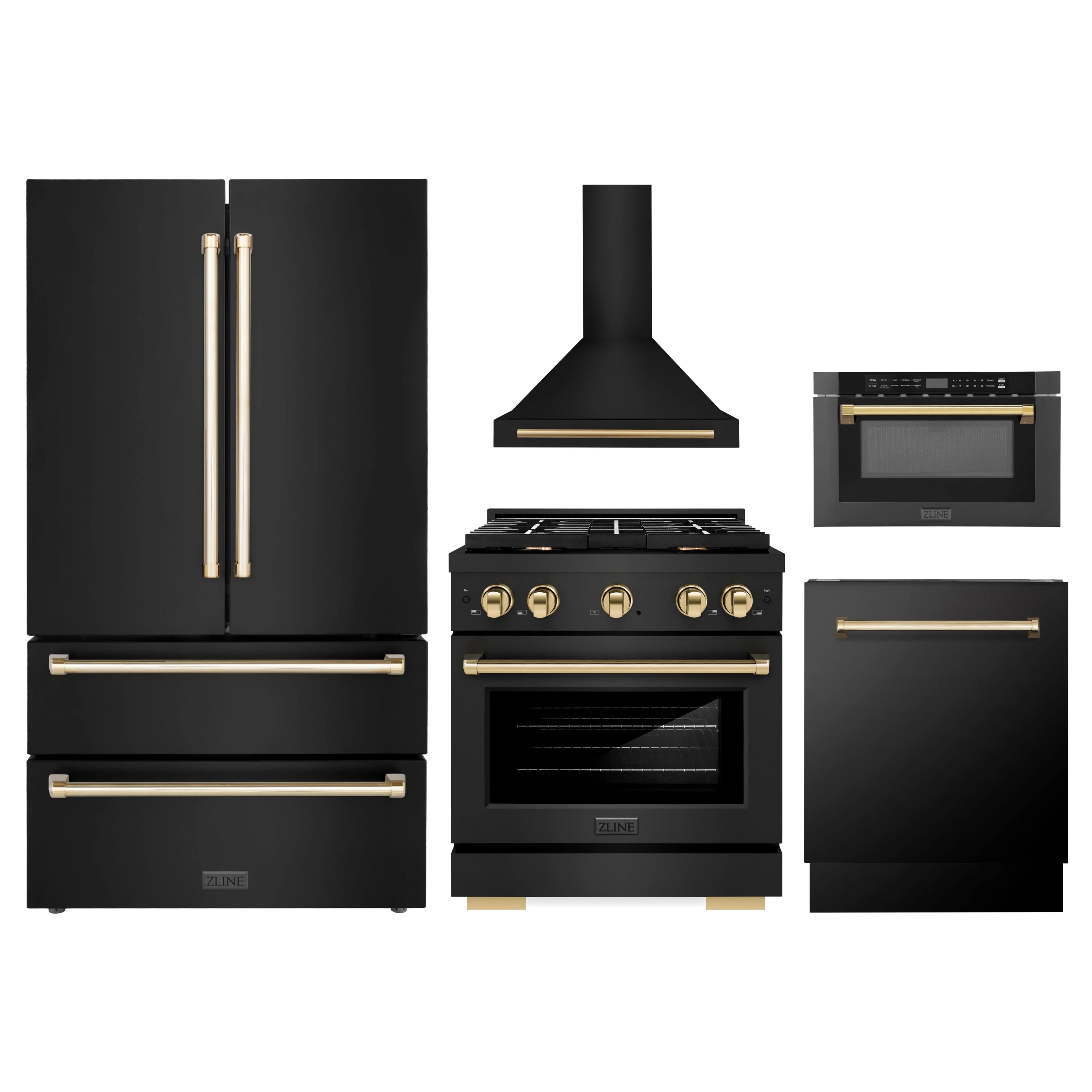 Black stainless steel appliance set with gold-accent handles: range, hood, fridge, dishwasher