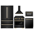 ZLINE 5-Piece Appliance Package - 30-Inch Paramount Dual Fuel Range, Wall Mount Range Hood, 36-Inch French Door Refrigerator, Dishwasher, and 30-Inch Microwave Drawer in Black Stainless Steel with Gold Accents
