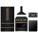 ZLINE 5-Piece Appliance Package - 36-Inch Paramount Dual Fuel Range, Wall Mount Range Hood, 36-Inch French Door Refrigerator, Dishwasher, and 30-Inch Microwave Drawer in Black Stainless Steel with Champagne Bronze Accents