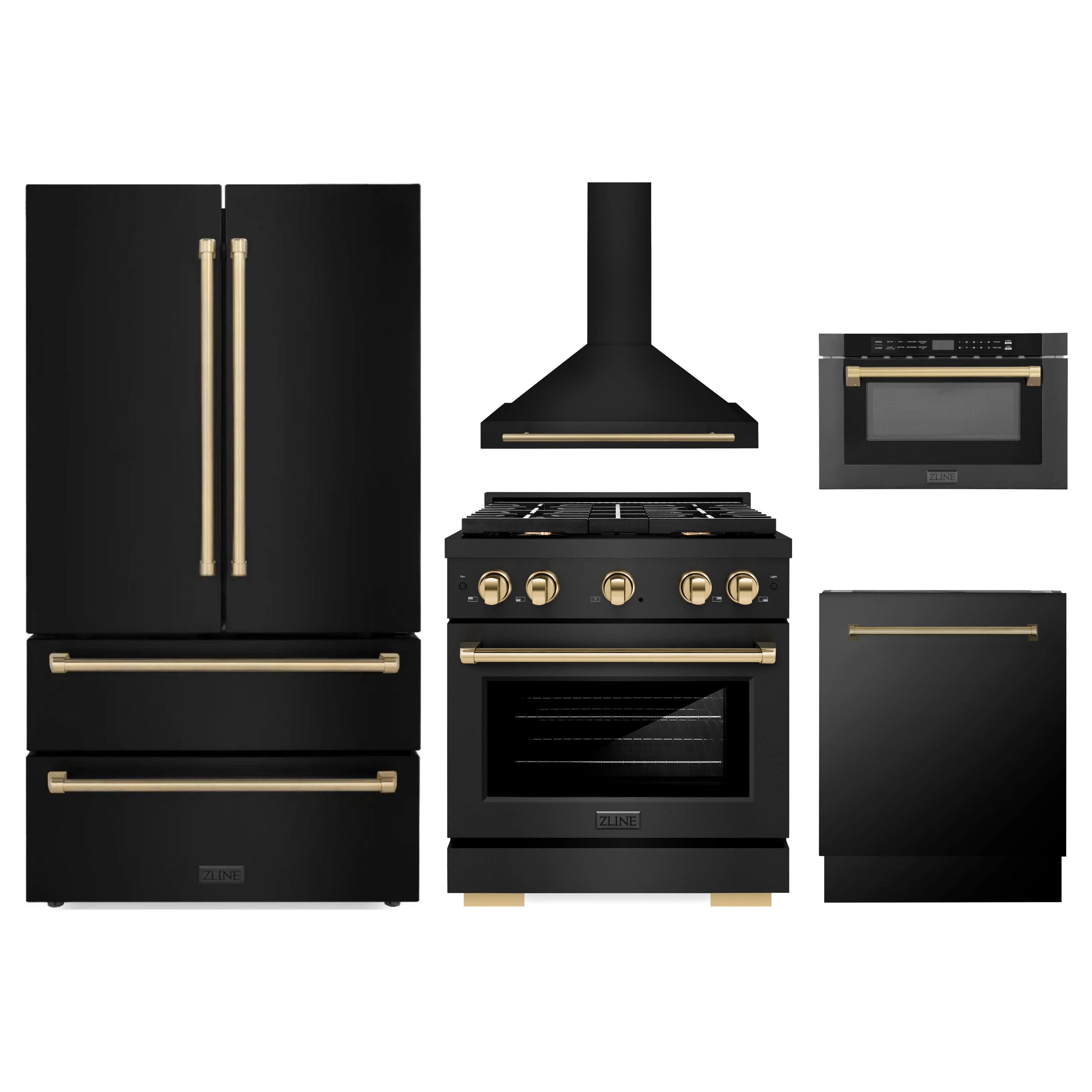 5-piece black appliance package set with champagne bronze accents