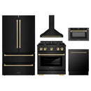 ZLINE 5-Piece Appliance Package - 36-Inch Paramount Dual Fuel Range, Wall Mount Range Hood, 36-Inch French Door Refrigerator, Dishwasher, and 30-Inch Microwave Drawer in Black Stainless Steel with Champagne Bronze Accents