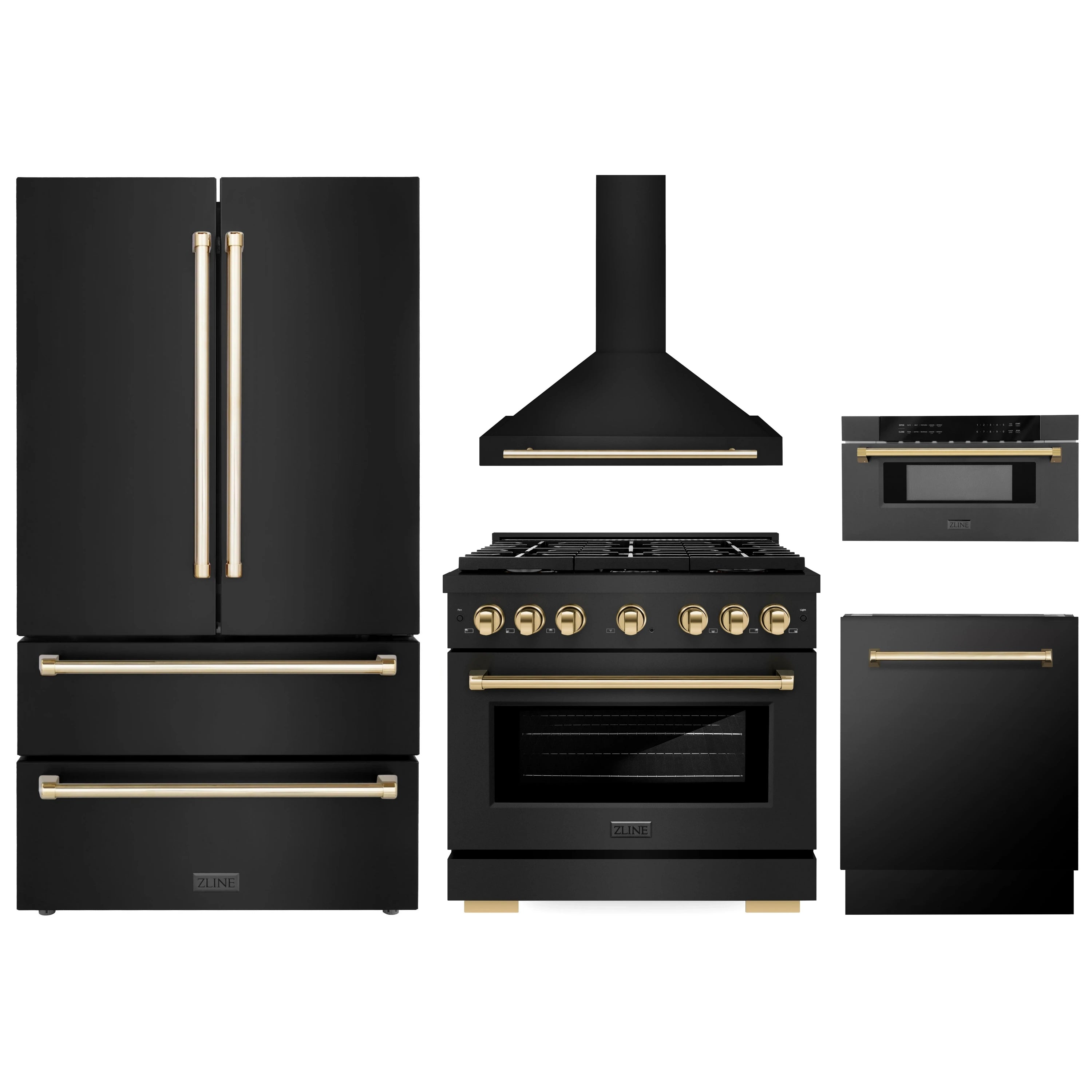 Black stainless steel appliance set with gold-accent handles and range features
