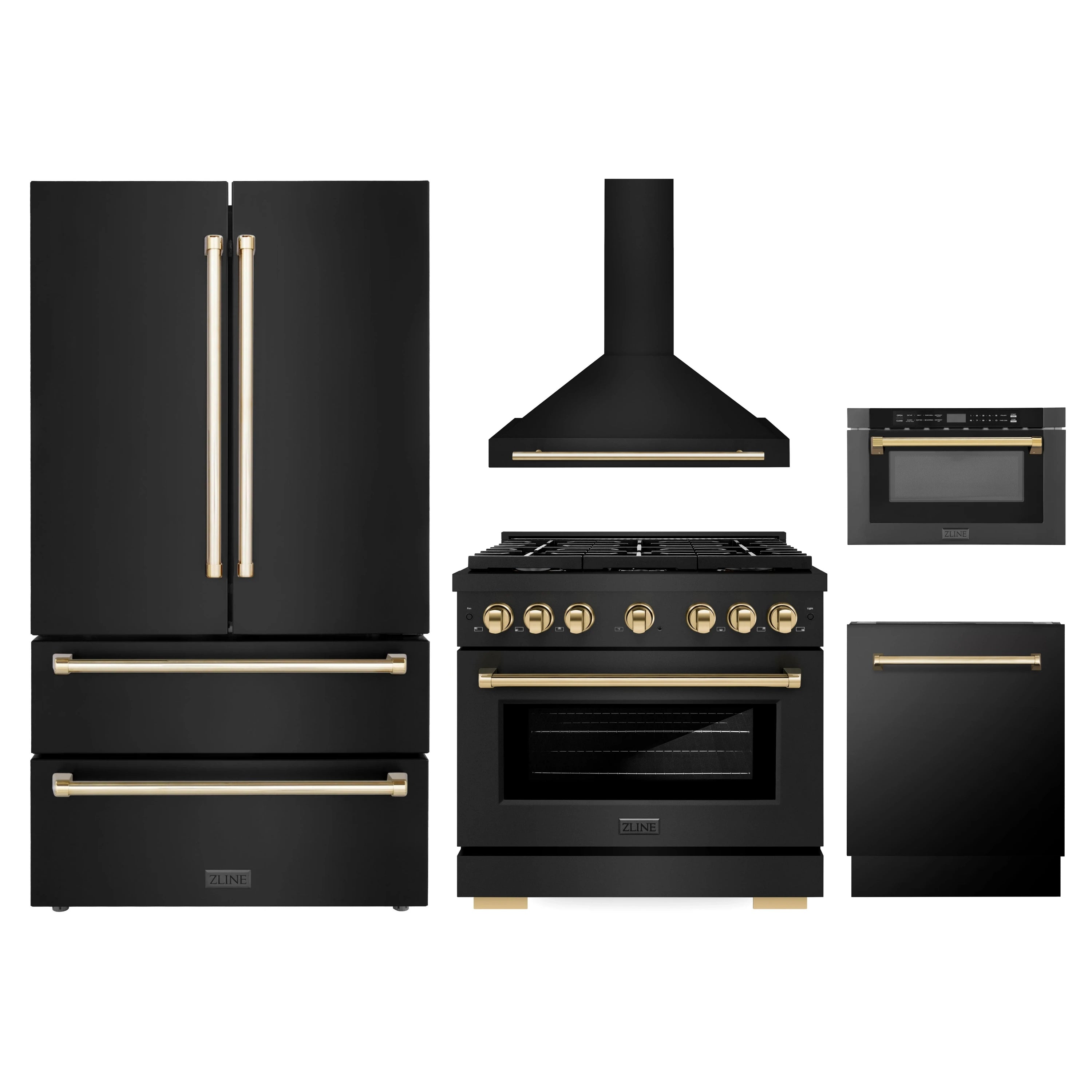 Black kitchen appliance set with gold accents: refrigerator, range, hood, oven, dishwasher