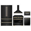 ZLINE 5-Piece Appliance Package - 36-Inch Paramount Dual Fuel Range, Wall Mount Range Hood, 36-Inch French Door Refrigerator, Dishwasher, and 30-Inch Microwave Drawer in Black Stainless Steel with Gold Accents