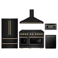 ZLINE 5-Piece Appliance Package - 48-Inch Paramount Dual Fuel Range, Wall Mount Range Hood, 36-Inch French Door Refrigerator, Dishwasher, and 30-Inch Microwave Drawer in Black Stainless Steel with Champagne Bronze Accents