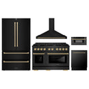 ZLINE 5-Piece Appliance Package - 48-Inch Paramount Dual Fuel Range, Wall Mount Range Hood, 36-Inch French Door Refrigerator, Dishwasher, and 30-Inch Microwave Drawer in Black Stainless Steel with Champagne Bronze Accents