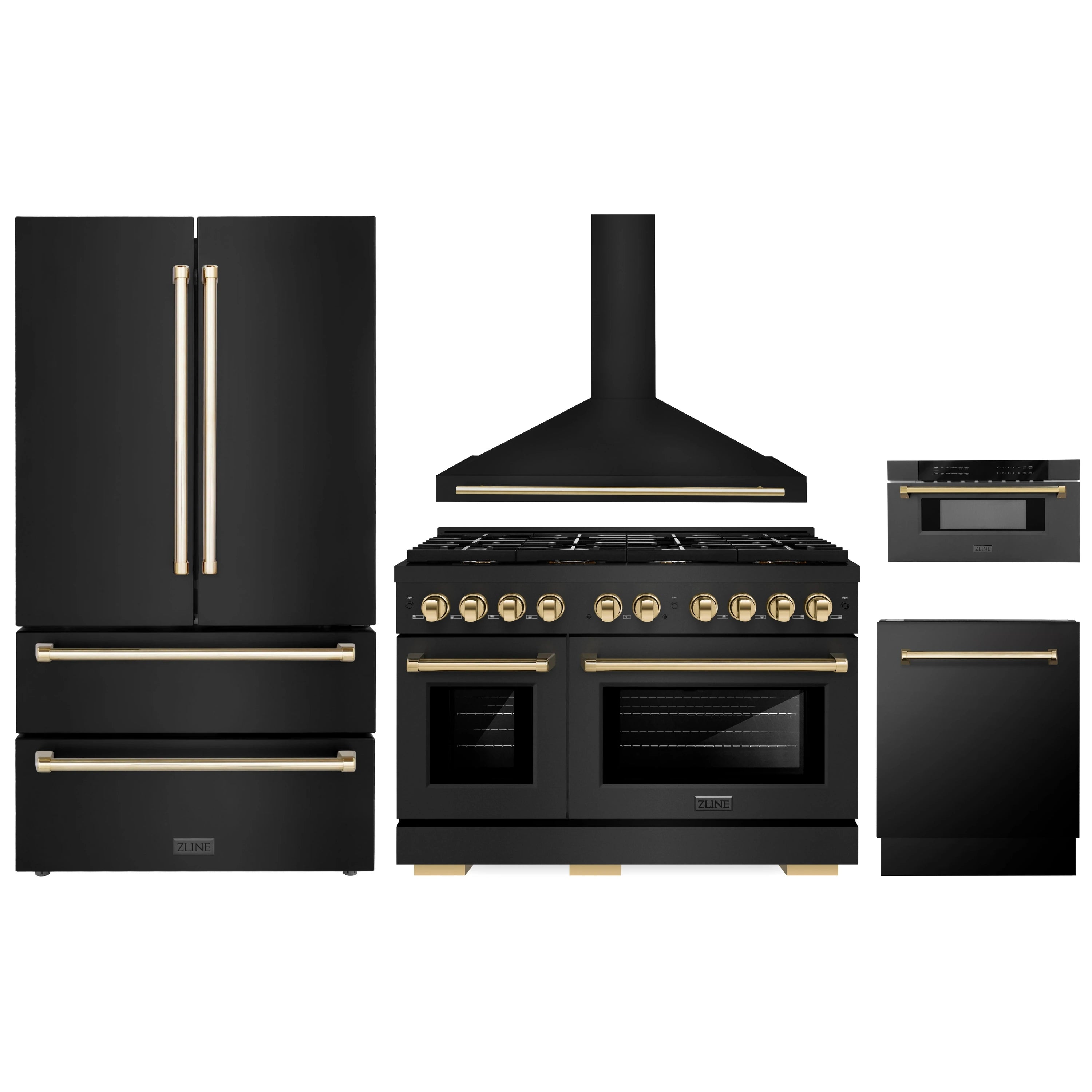 Black appliance package with gold accents: range, hood, microwave drawer, refrigerator, dishwasher