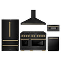 ZLINE 5-Piece Appliance Package - 48-Inch Paramount Dual Fuel Range, Wall Mount Range Hood, 36-Inch French Door Refrigerator, Dishwasher, and 30-Inch Microwave Drawer in Black Stainless Steel with Gold Accents