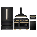 ZLINE 5-Piece Appliance Package - 48-Inch Paramount Dual Fuel Range, Wall Mount Range Hood, 36-Inch French Door Refrigerator, Dishwasher, and 30-Inch Microwave Drawer in Black Stainless Steel with Gold Accents