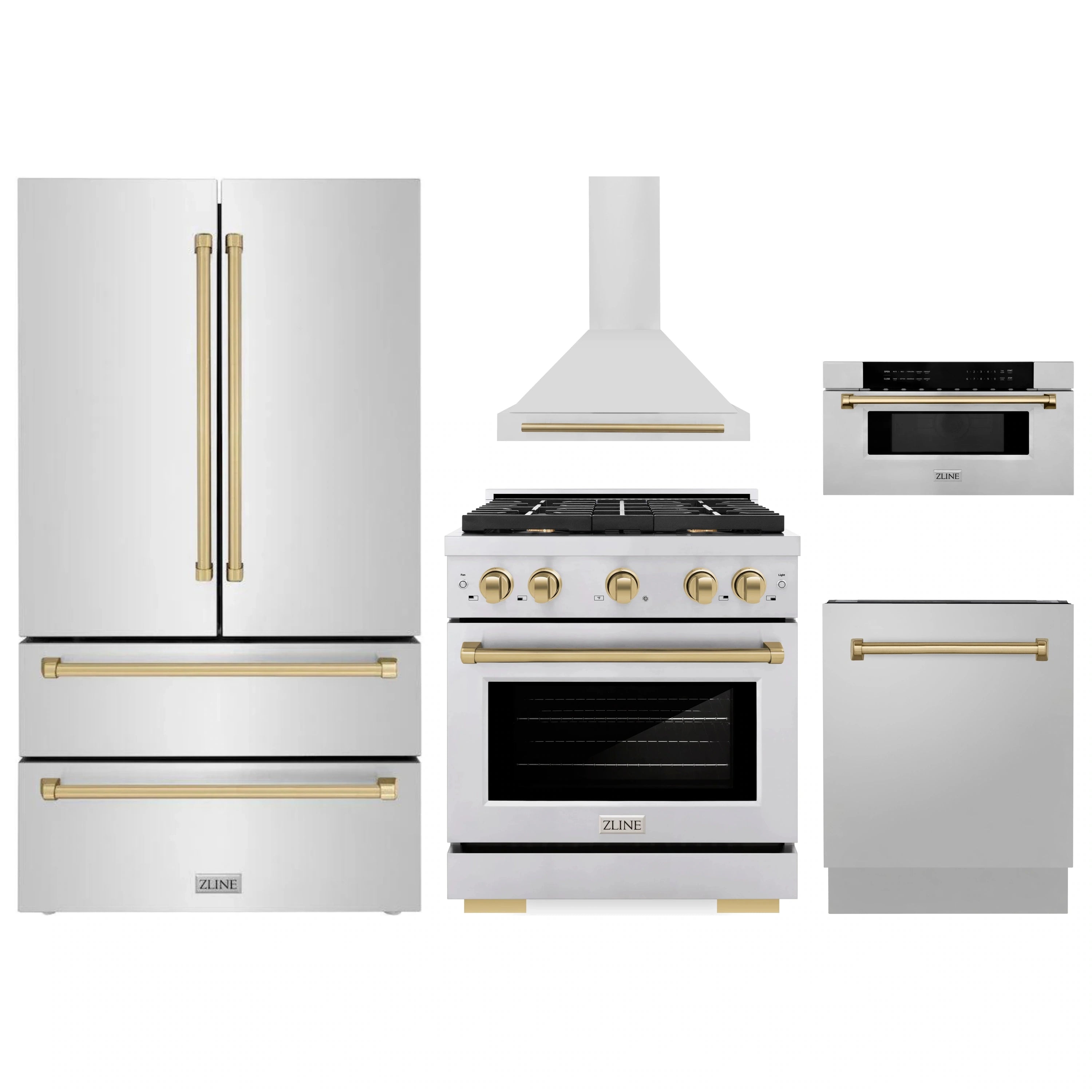 Stainless steel kitchen appliance package with champagne bronze accents and display controls