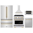 ZLINE 5-Piece Appliance Package - 30-Inch Paramount Dual Fuel Range, Wall Mount Range Hood, 36-Inch French Door Refrigerator, Dishwasher, and 30-Inch Microwave Drawer in Stainless Steel with Champagne Bronze Accents