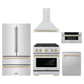 ZLINE 5-Piece Appliance Package - 30-Inch Paramount Dual Fuel Range, Wall Mount Range Hood, 36-Inch French Door Refrigerator, Dishwasher, and 30-Inch Microwave Drawer in Stainless Steel with Champagne Bronze Accents