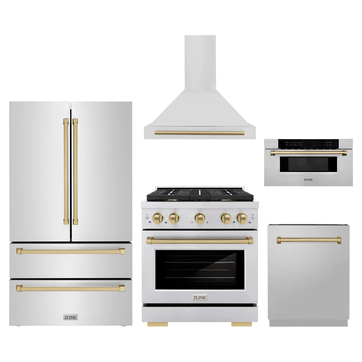 ZLINE 5-Piece Appliance Package - 30-Inch Paramount Dual Fuel Range, Wall Mount Range Hood, 36-Inch French Door Refrigerator, Dishwasher, and 30-Inch Microwave Drawer in Stainless Steel with Champagne Bronze Accents