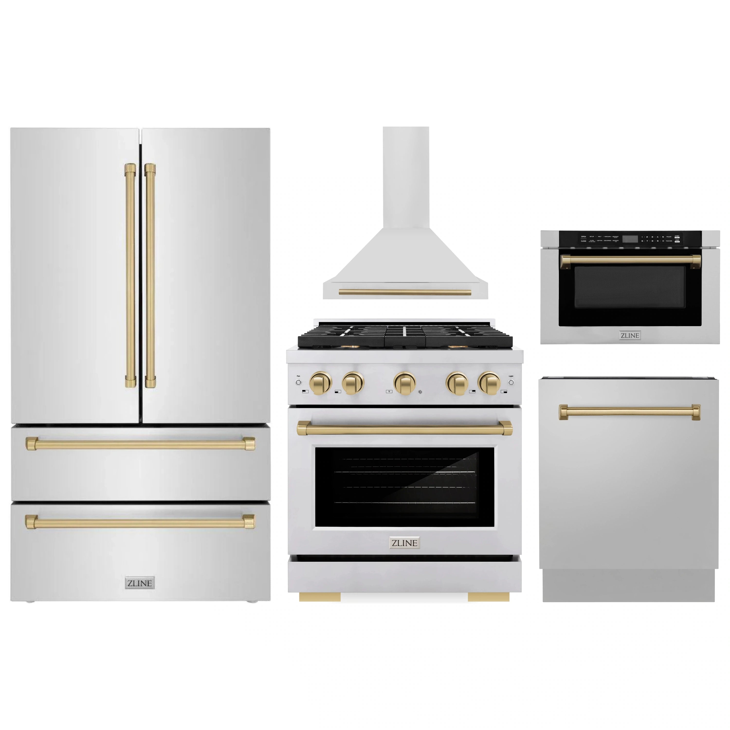 ZLINE appliance package showing refrigerator, dual-fuel range, hood, and microwave drawer