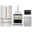 ZLINE 5-Piece Appliance Package - 30-Inch Paramount Dual Fuel Range, Wall Mount Range Hood, 36-Inch French Door Refrigerator, Dishwasher, and 30-Inch Microwave Drawer in Stainless Steel with Champagne Bronze Accents