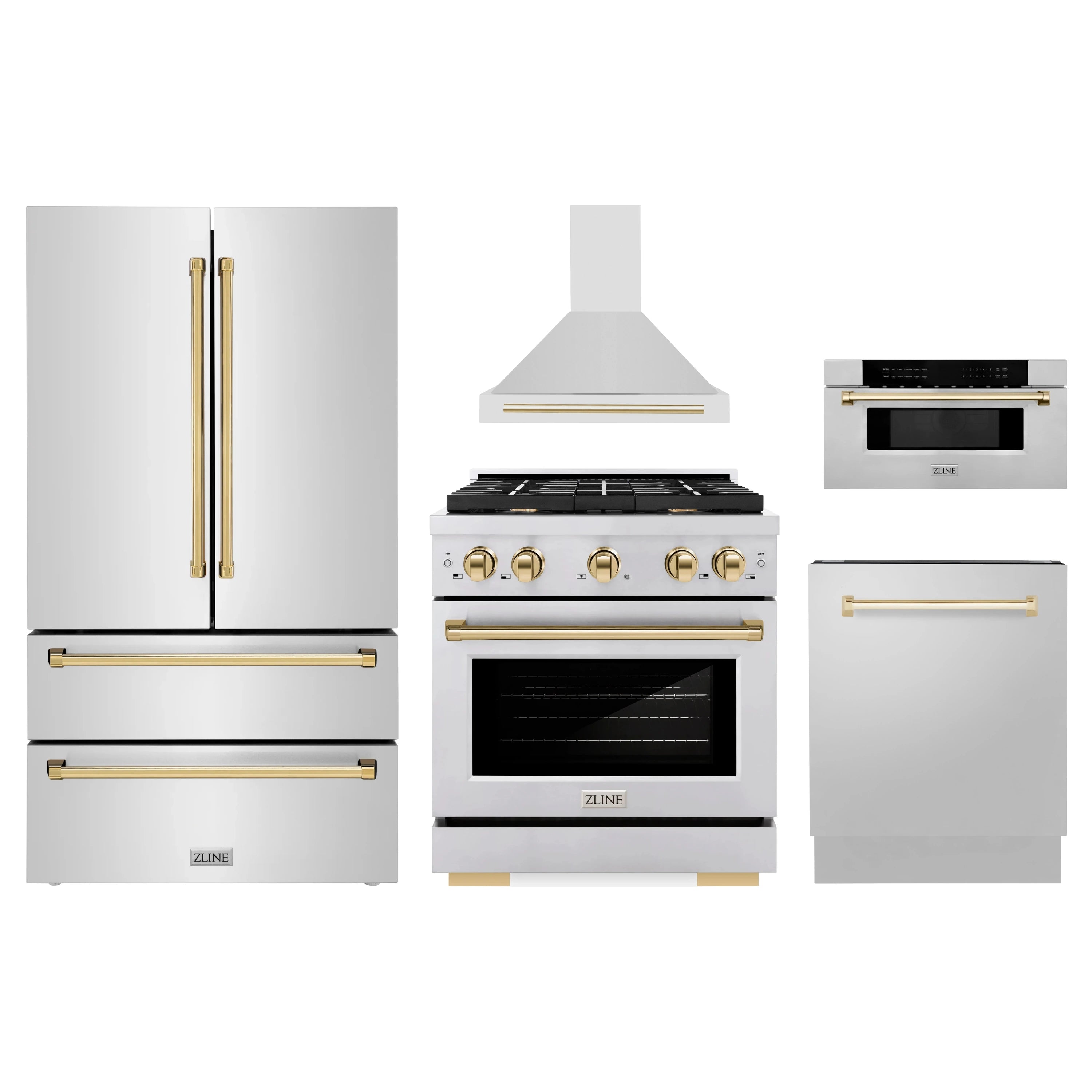 5-piece stainless steel appliance package with gold accents: range, hood, refrigerator, and more