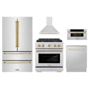 ZLINE 5-Piece Appliance Package - 30-Inch Paramount Dual Fuel Range, Wall Mount Range Hood, 36-Inch French Door Refrigerator, Dishwasher, and 30-Inch Microwave Drawer in Stainless Steel with Gold Accents