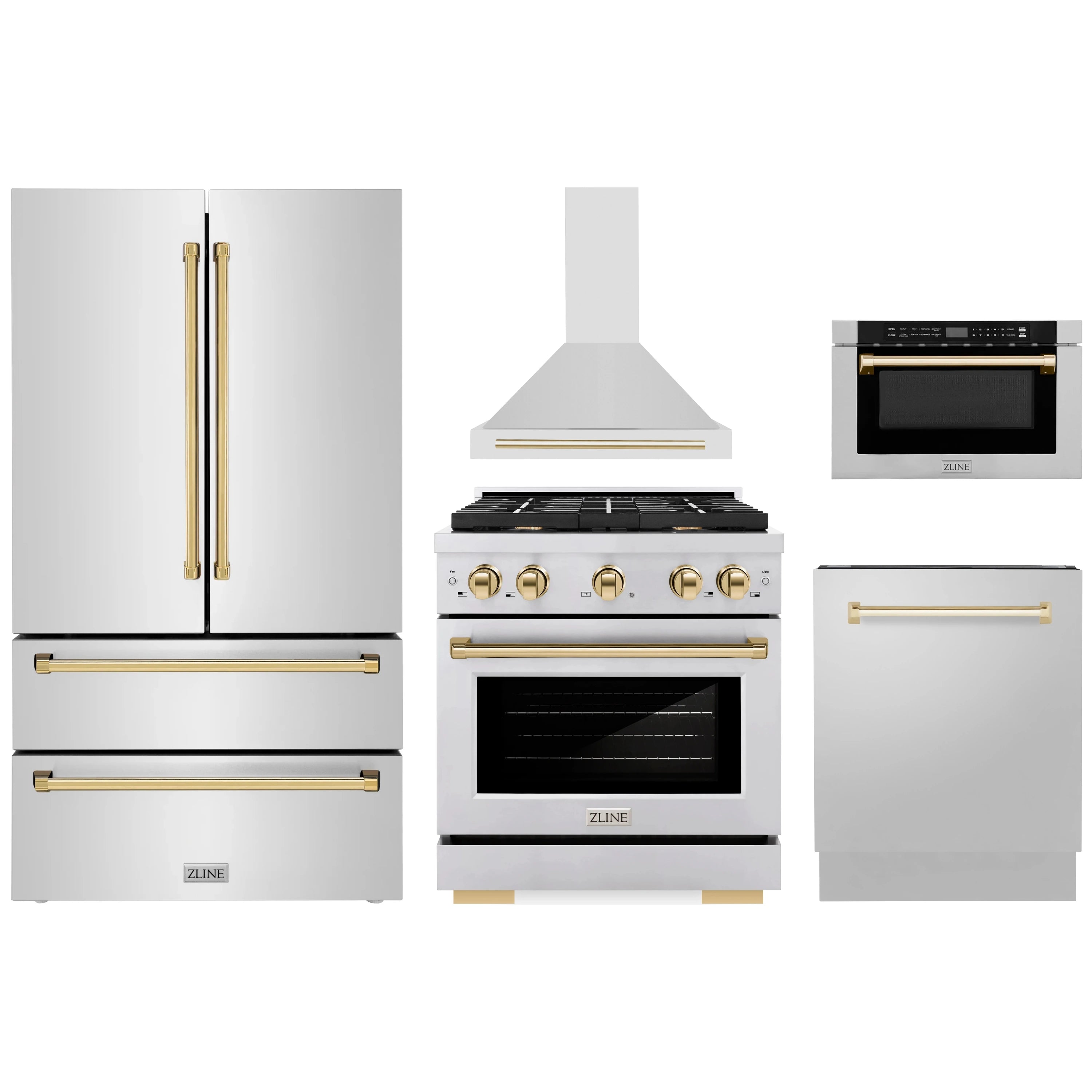 ZLINE 5-piece appliance set: refrigerator, range, hood, and oven with gold accents